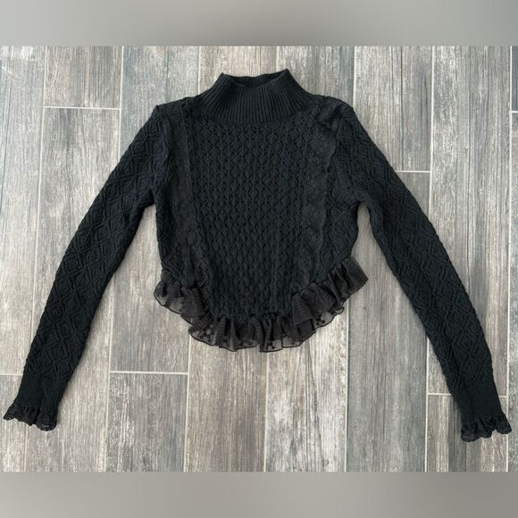 Zara Black Cable Knit Ruffle Hem Sweater - Size M - Picture 5 of 7